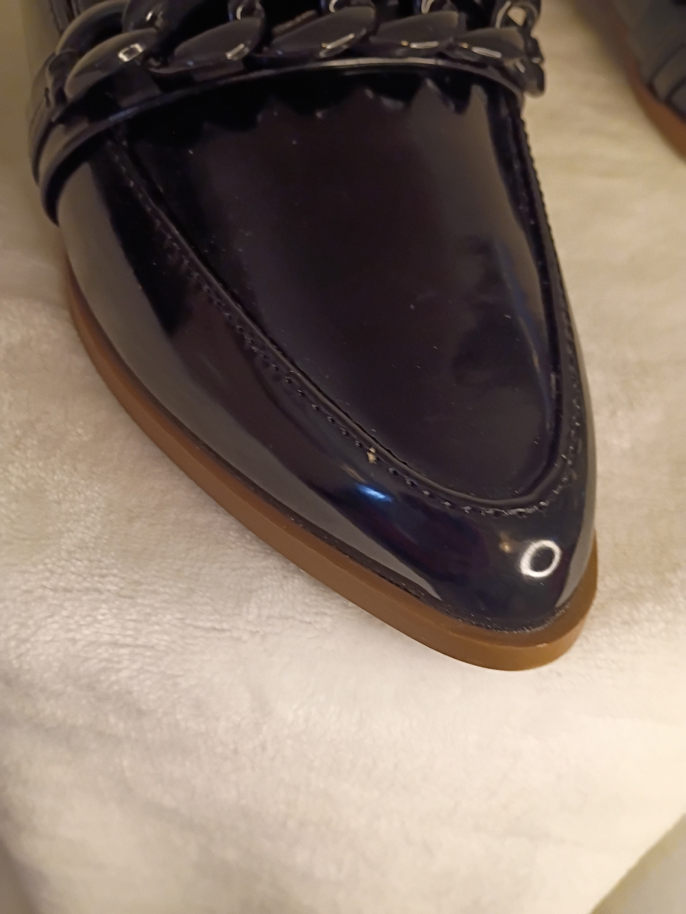 Black Patent Pointed Toe Chain Loafers - Picture 9 of 13